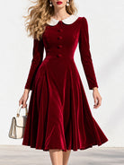 Cinched-Waist Flared Velvet Midi Dress in Wine Red
