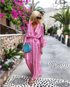 Boho Print Flare-Sleeve Maxi Dress in Pink