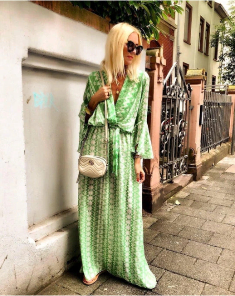 Boho Print Flare-Sleeve Maxi Dress, view 6