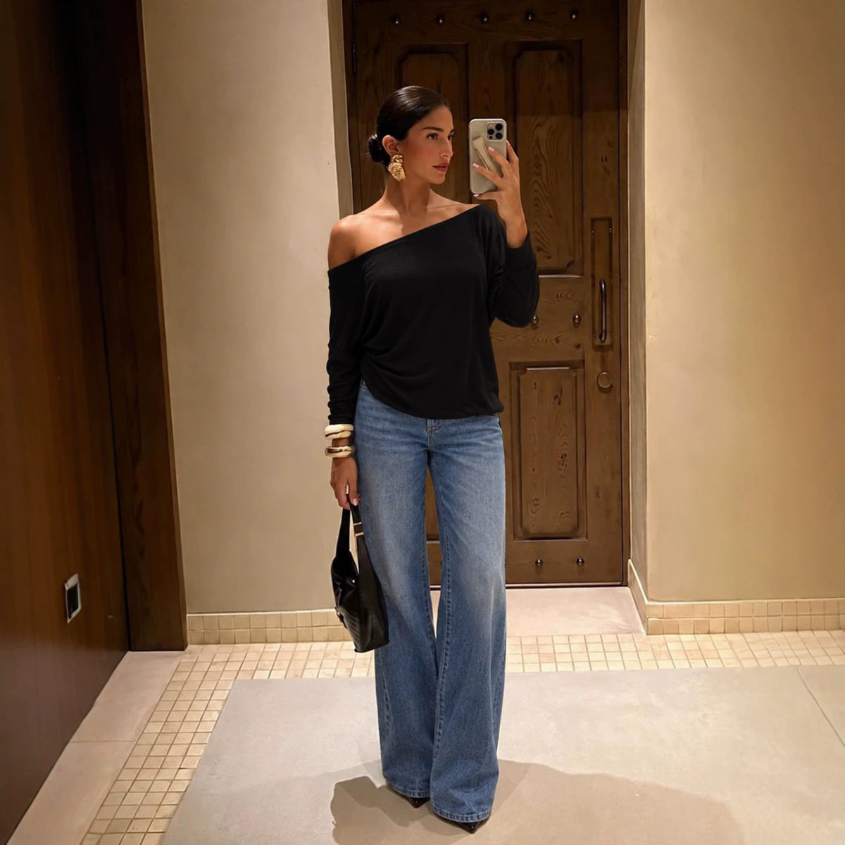 Off-Shoulder Lace-Back Long-Sleeve Top, view 3