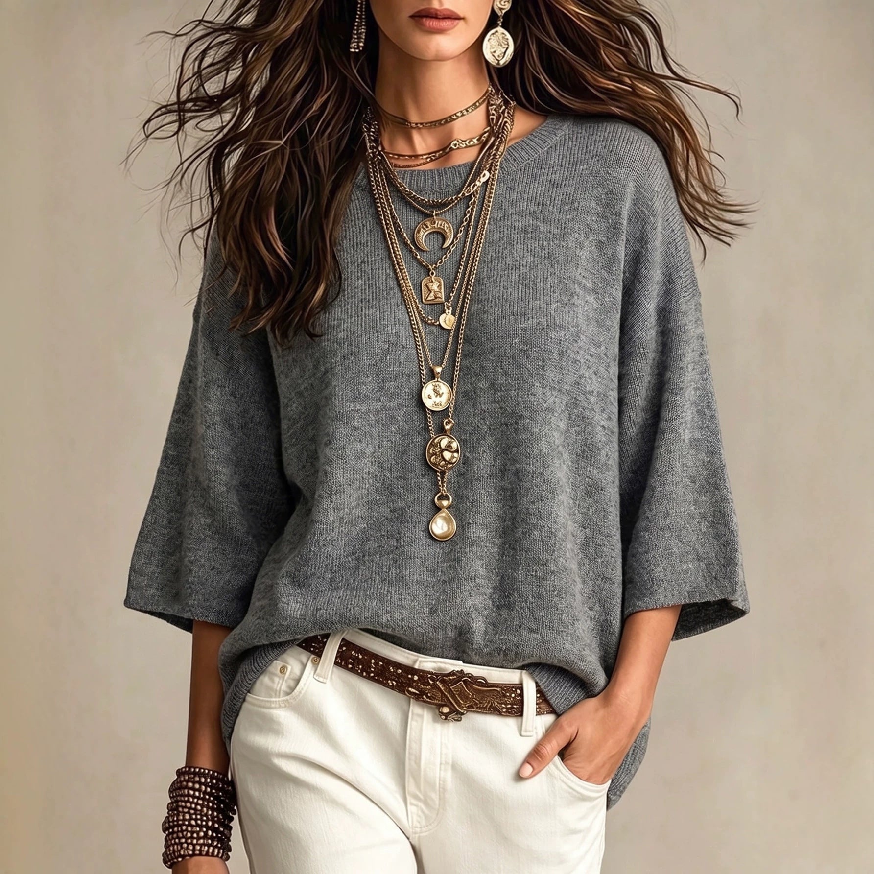 Drop-Shoulder Crewneck Knit Sweater by Nue Haven