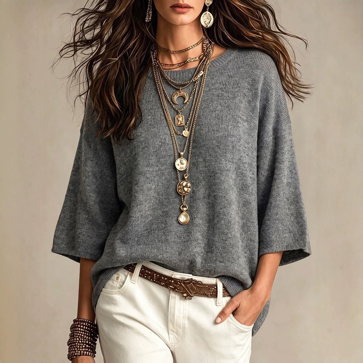 Drop-Shoulder Crewneck Knit Sweater by Nue Haven