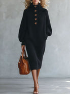 Turtleneck Button-Detail Knit Dress in Black