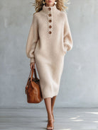 Turtleneck Button-Detail Knit Dress in Apricot