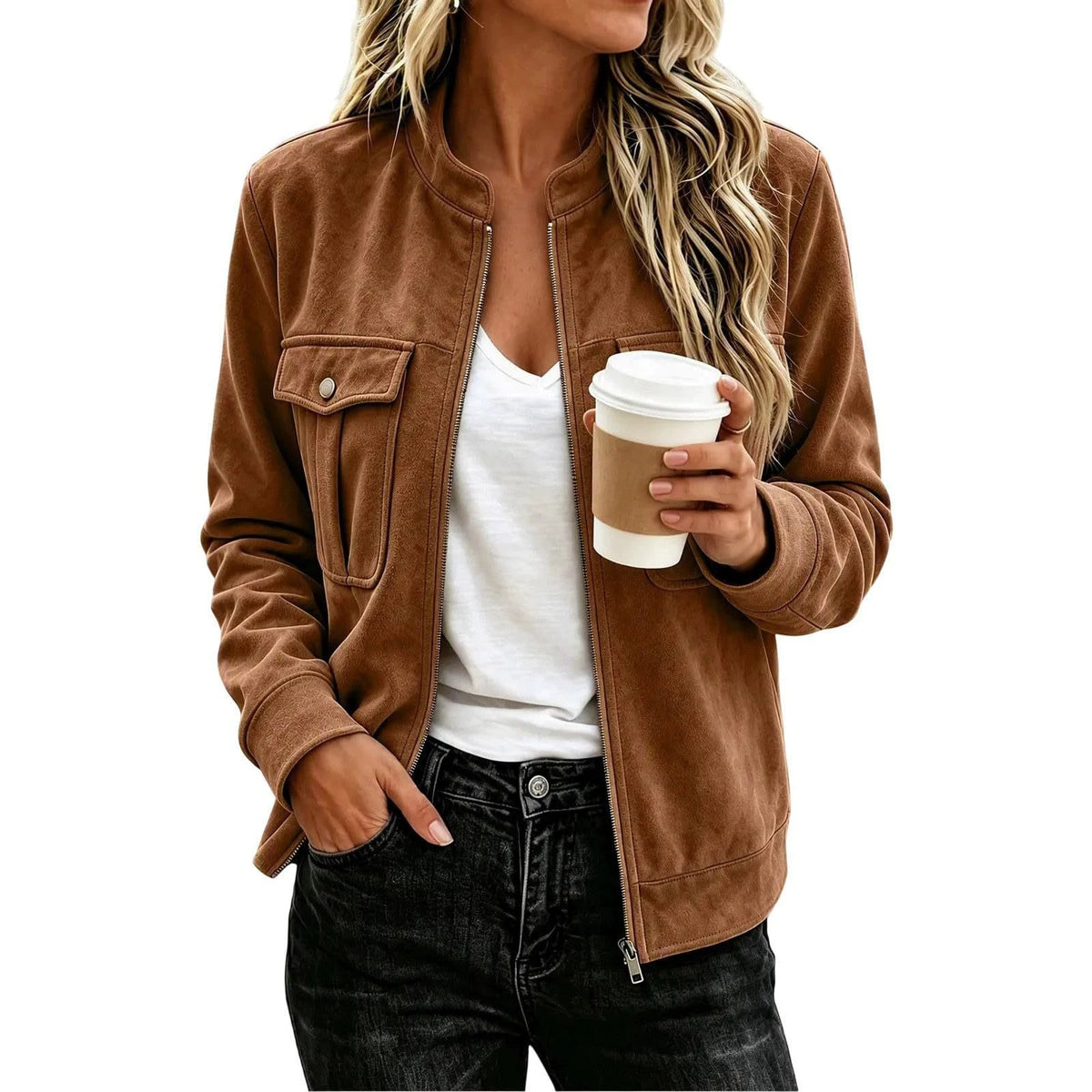 Faux Suede Stand-Collar Zip Jacket by Nue Haven