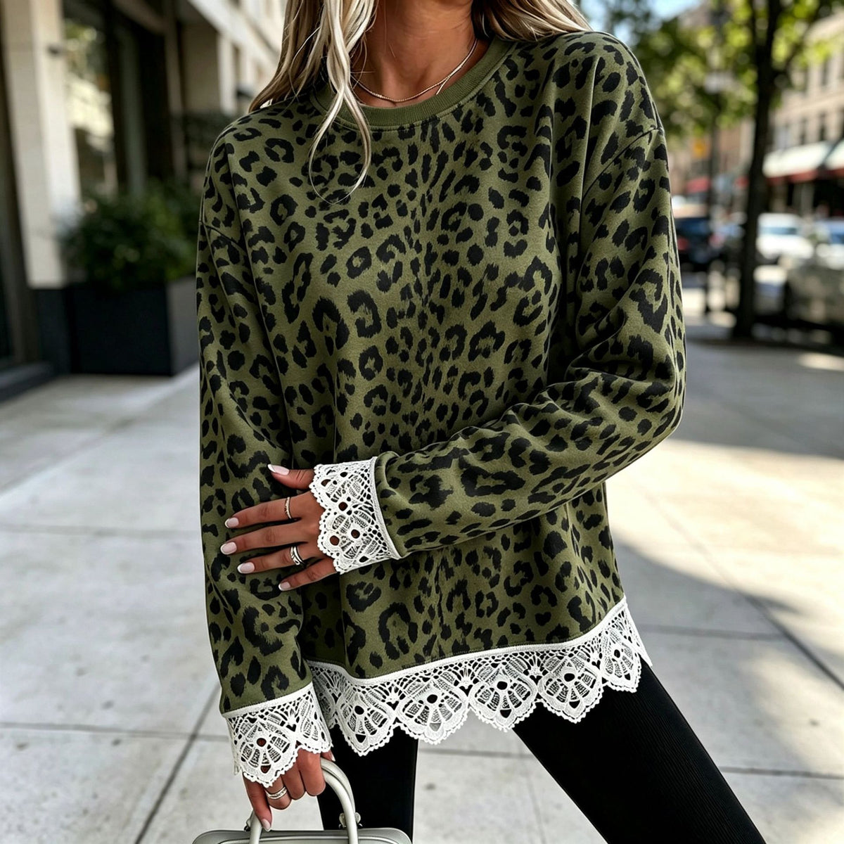 Lace-Panel Round-Neck Long-Sleeve Top in Leopard 3