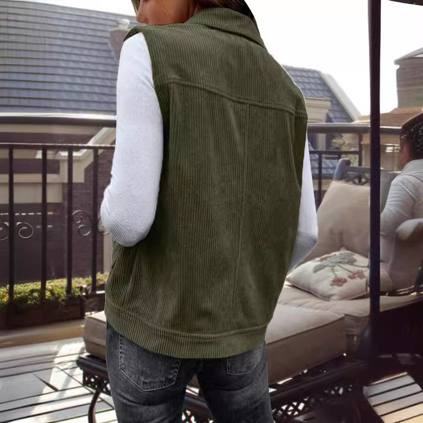 Corduroy sleeveless button-front vest with wool filling