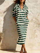 Hooded V-Neck Striped Midi Dress in Green