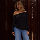 Off-Shoulder Lace-Back Long-Sleeve Top, view 2