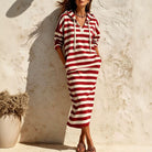 Hooded V-Neck Striped Midi Dress, view 2