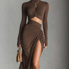 Pleated Knit Long-Sleeve Dress, view 2