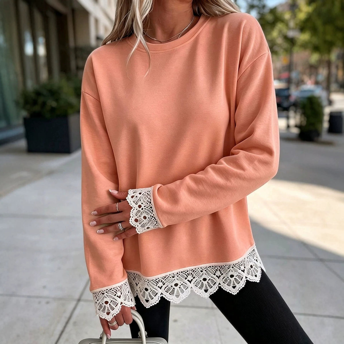 Lace-Panel Round-Neck Long-Sleeve Top, view 3