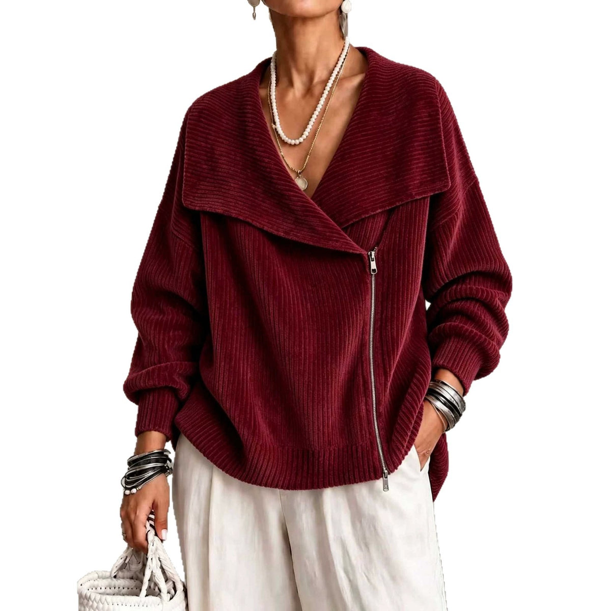 Notch-Collar Double-Zip Knit Cardigan, view 5