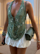 Sequin V-Neck Halter Top in Light Green