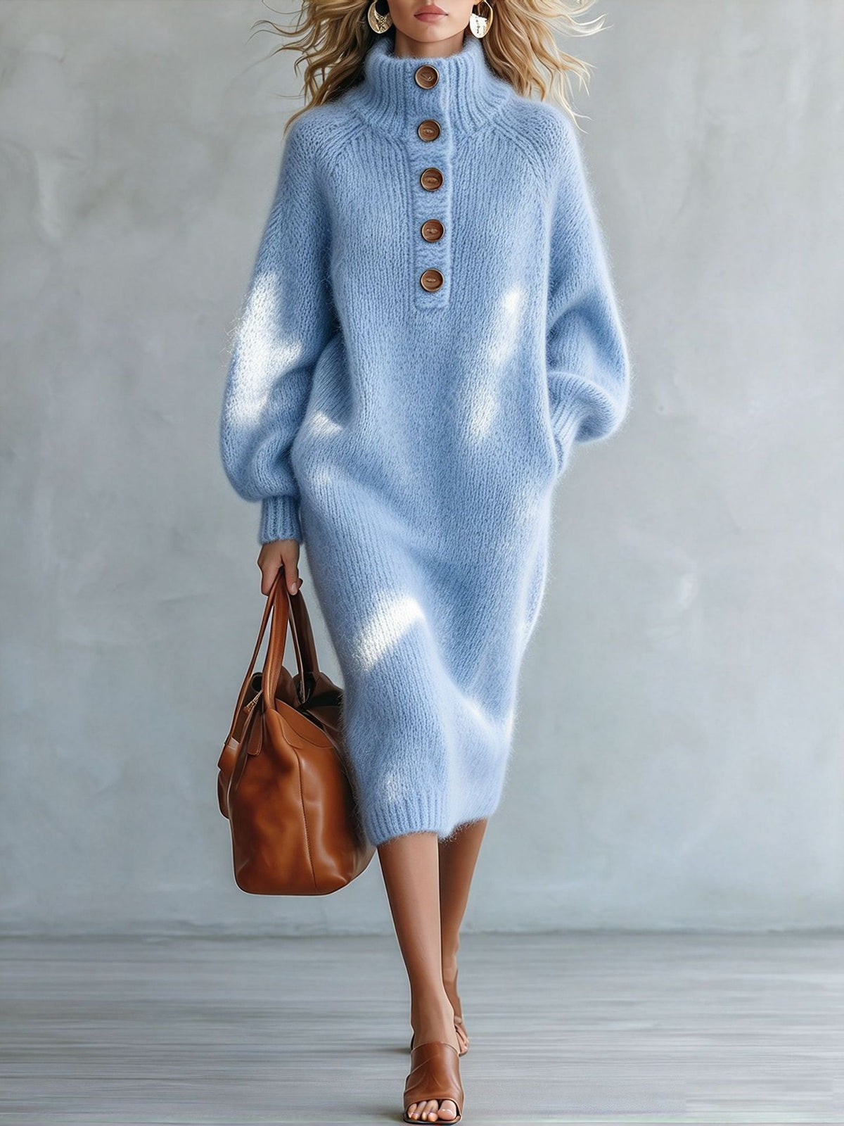 Turtleneck Button-Detail Knit Dress in Sky Blue