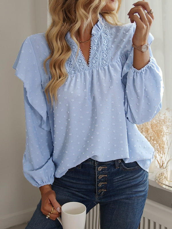 Chic Ruffled Lantern Sleeve Lace Top – Elegant & Stylish Blouse for Any Season