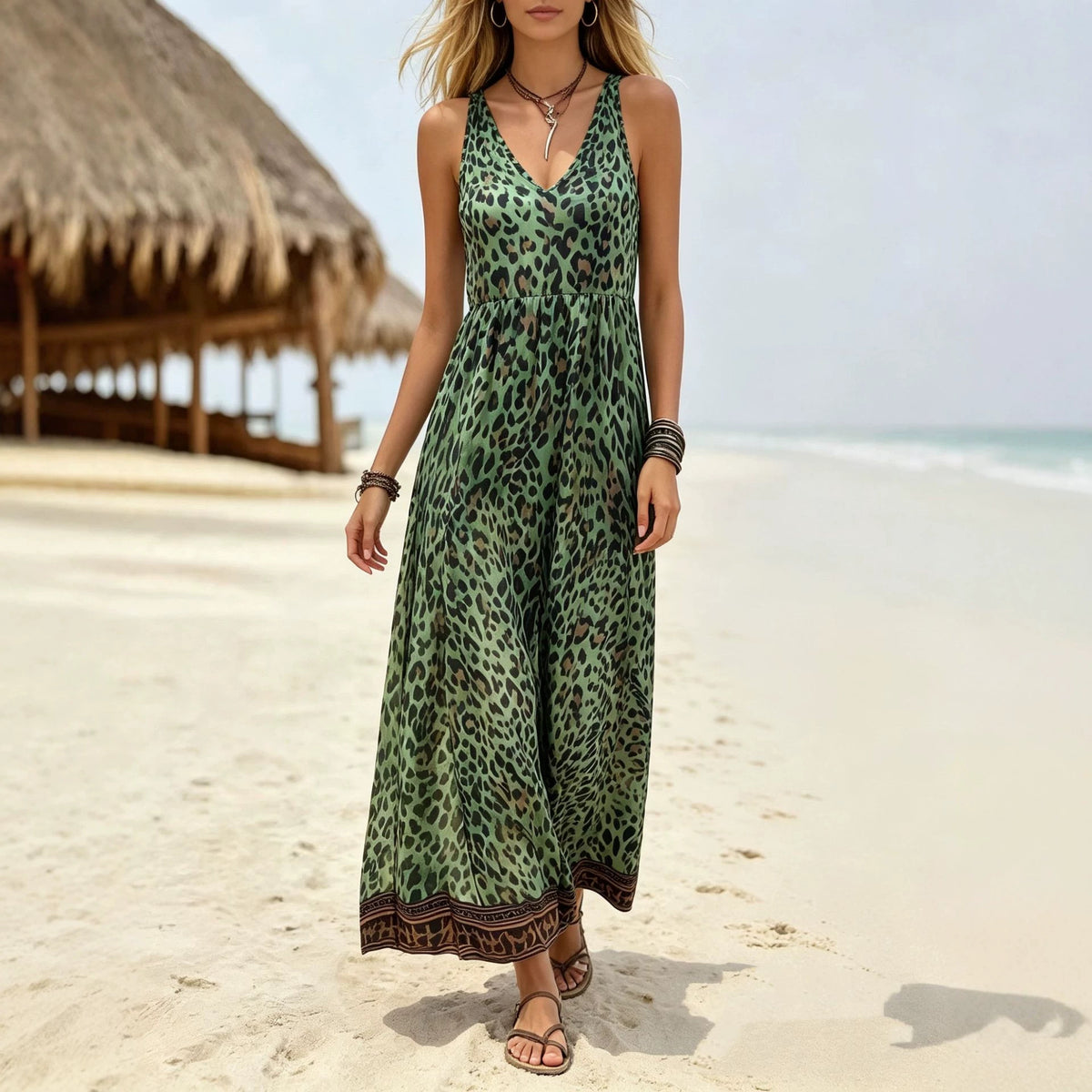Leopard print sleeveless V-neck dress