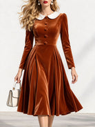 Cinched-Waist Flared Velvet Midi Dress in Caramel
