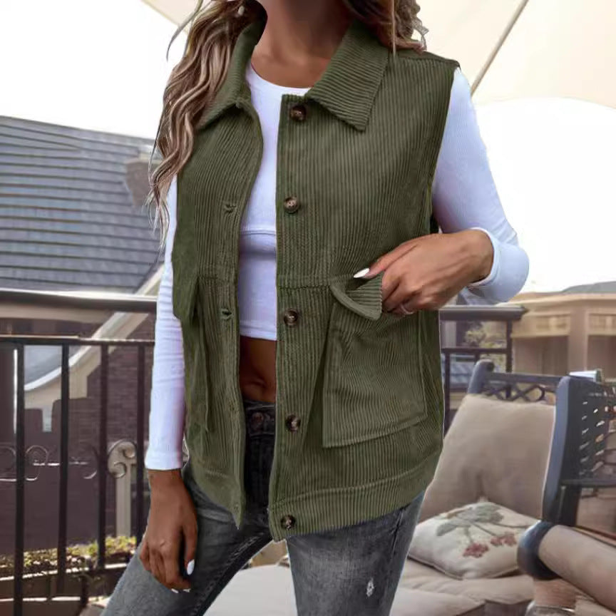 Corduroy sleeveless button-front vest with wool filling