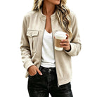 Faux Suede Stand-Collar Zip Jacket in Beige