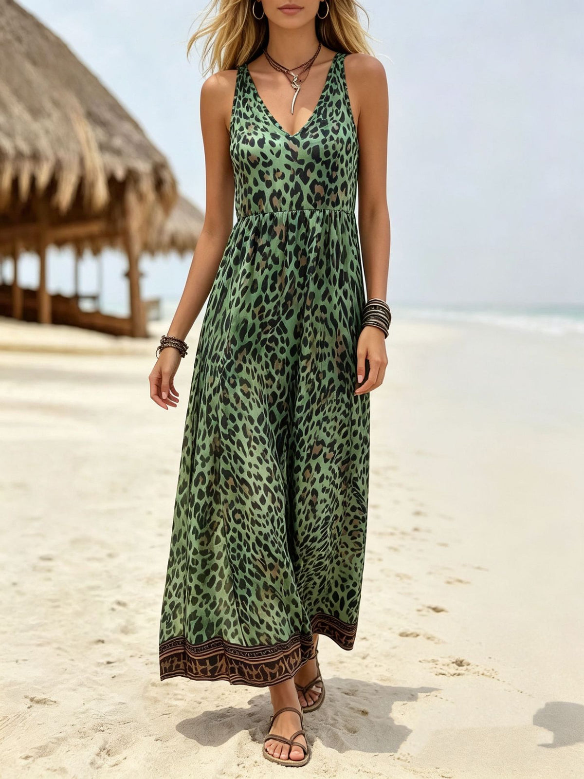 Leopard print sleeveless V-neck dress