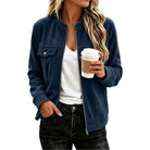 Faux Suede Stand-Collar Zip Jacket in Navy Blue