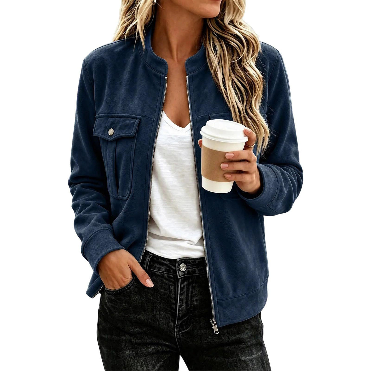 Faux Suede Stand-Collar Zip Jacket in Navy Blue