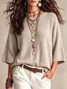 Drop-Shoulder Crewneck Knit Sweater in Oatmeal