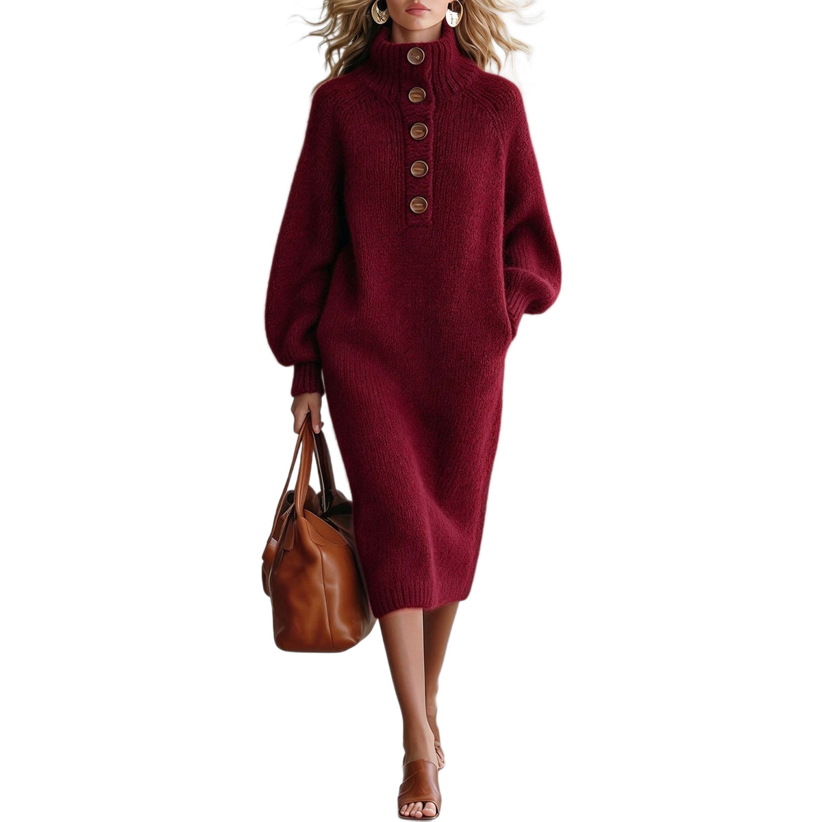 Turtleneck Button-Detail Knit Dress, view 5
