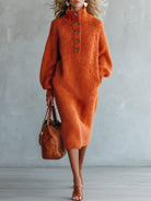 Turtleneck Button-Detail Knit Dress in Rust Red