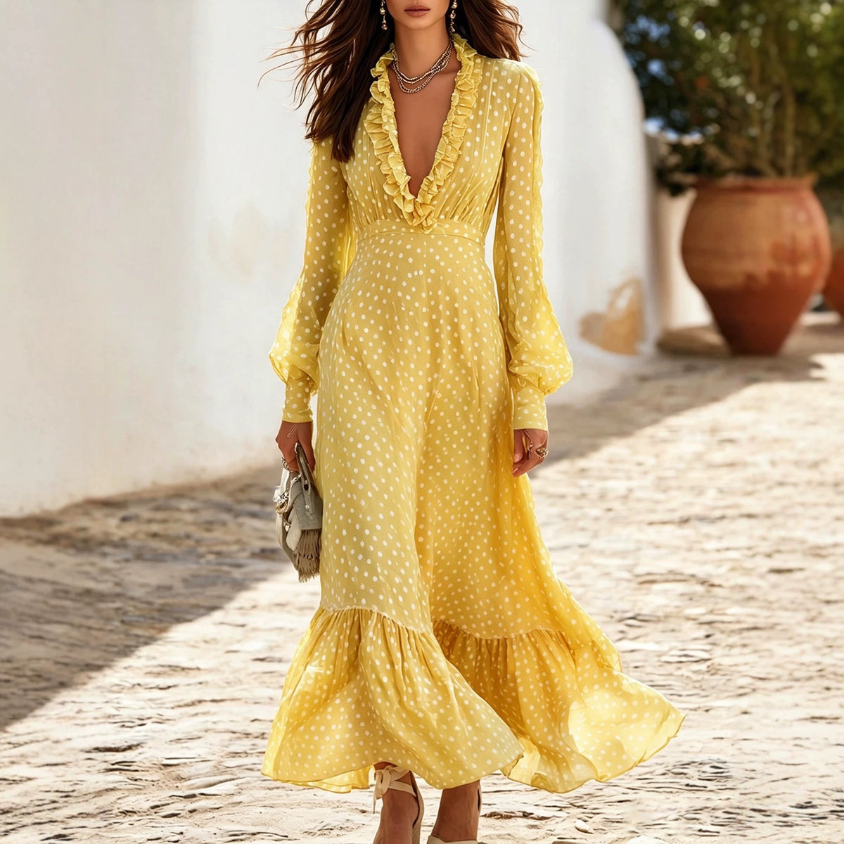 Polka Dot V-Neck Ruffle Maxi Dress, view 2