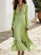 Polka Dot V-Neck Ruffle Maxi Dress in Green