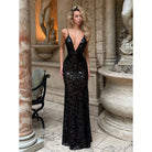 Deep V-Neck Sequin Evening Gown in Black