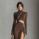 Pleated Knit Long-Sleeve Dress, view 3