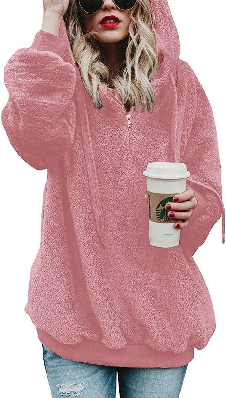 Zip-Detail Pullover Hoodie in Peach