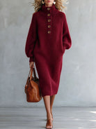 Turtleneck Button-Detail Knit Dress in Wine Red