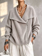 Notch-Collar Double-Zip Knit Cardigan in Gray