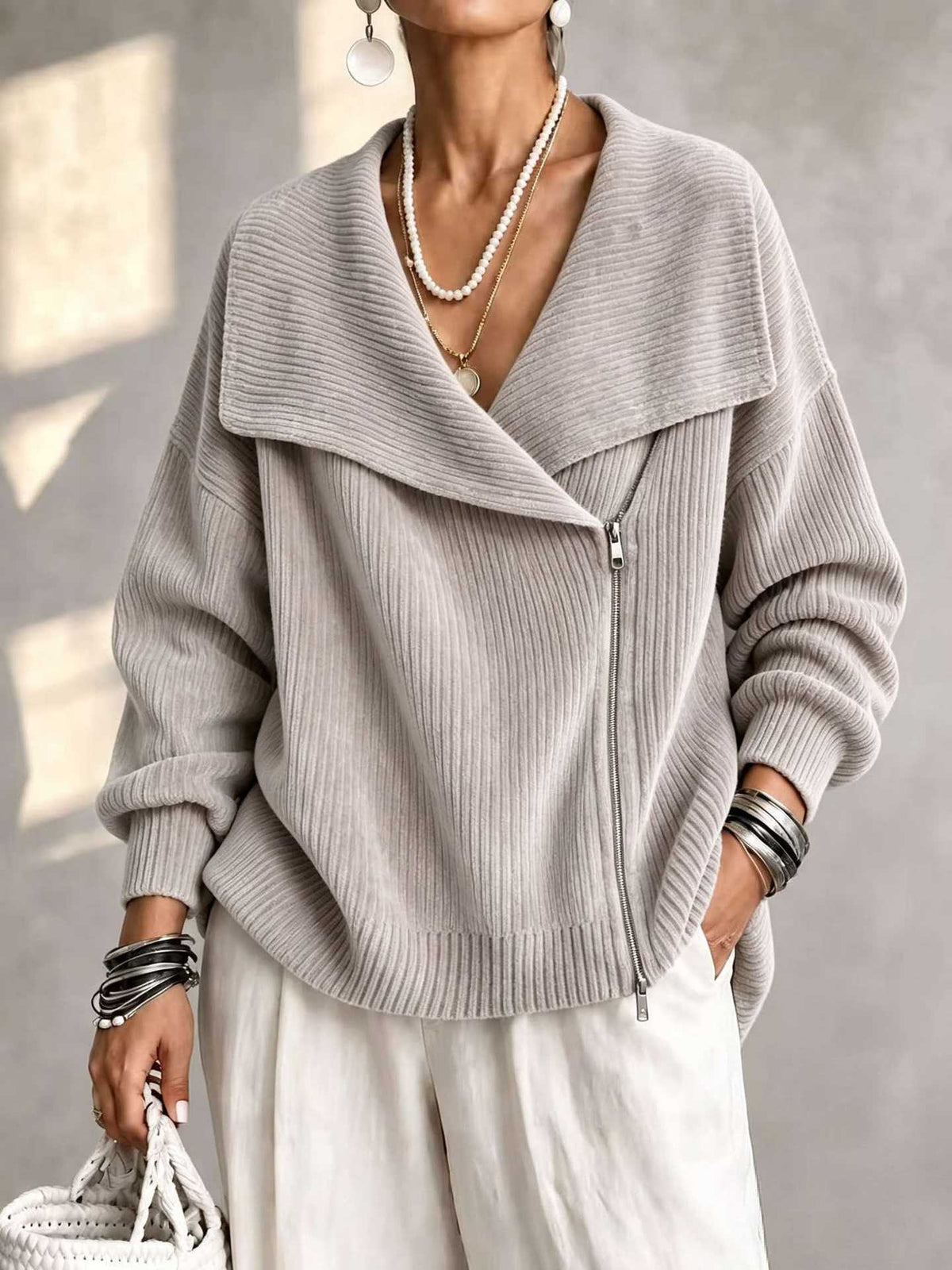 Notch-Collar Double-Zip Knit Cardigan in Gray
