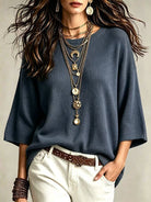 Drop-Shoulder Crewneck Knit Sweater in Navy Blue