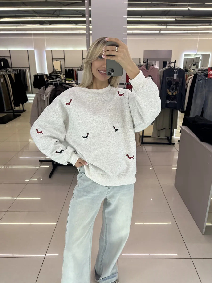 Puppy Print Crewneck Sweatshirt in Light Gray