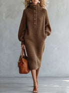 Turtleneck Button-Detail Knit Dress in Brown