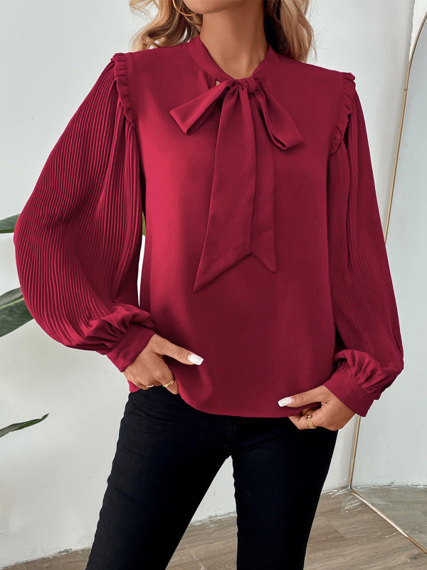 Chic Pleated Long Sleeve Blouse Burgundy Tie Neck Elegant Fall Top
