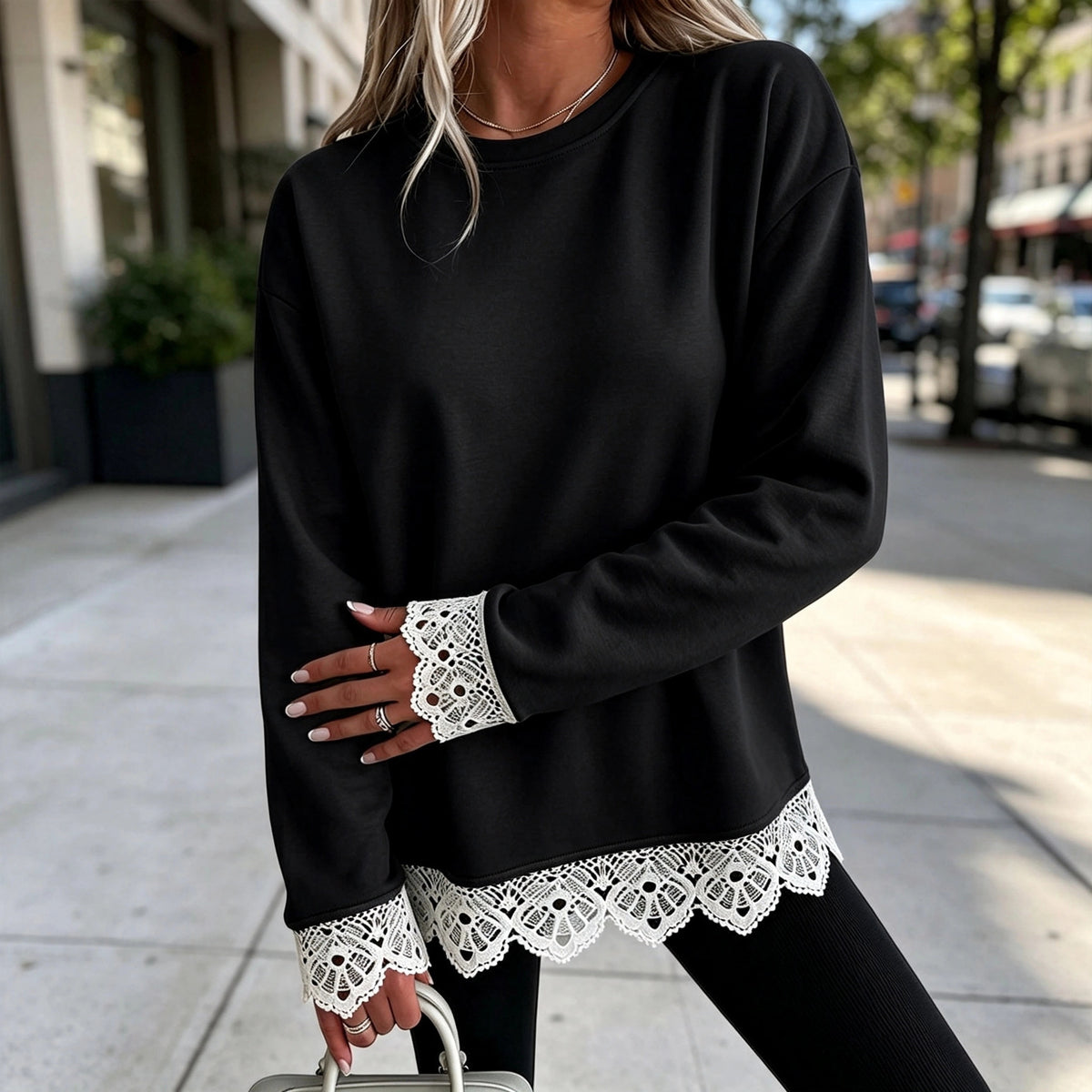 Lace-Panel Round-Neck Long-Sleeve Top in Black