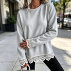 Lace-Panel Round-Neck Long-Sleeve Top in Gray