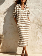 Hooded V-Neck Striped Midi Dress in Khaki