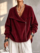 Notch-Collar Double-Zip Knit Cardigan in Wine Red