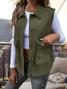 Corduroy sleeveless button-front vest with wool filling