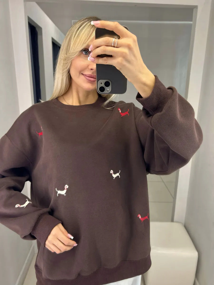 Puppy Print Crewneck Sweatshirt in Brown