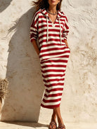 Hooded V-Neck Striped Midi Dress in Red