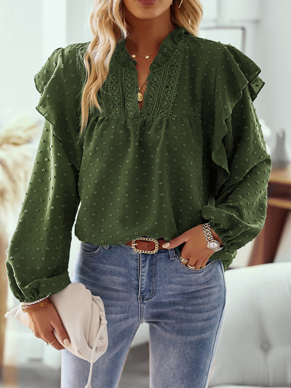 Chic Ruffled Lantern Sleeve Lace Top – Elegant & Stylish Blouse for Any Season